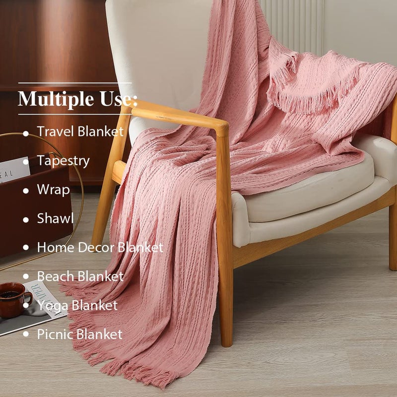 Simple&Opulence بطانية بسيطة وفاخرة 100% قطن للكنبة، السرير، بطانية نسج الوافل مع كابلات وحواف، بطانية ناعمة وخفيفة الوزن مغسولة مسبقًا وقابلة للتنفس مريحة لتزيين المزرعة لجميع الفصول (وردي)  - Image 5